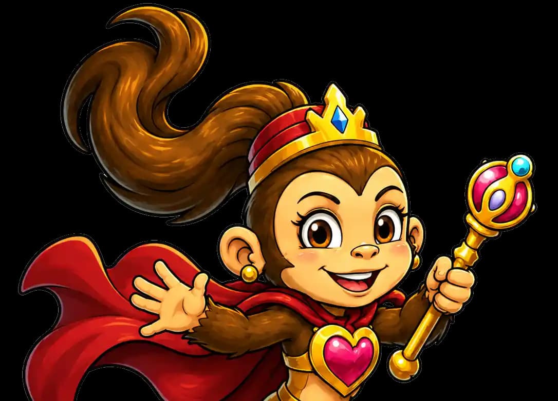 Monkey queen mascot holding a scepter